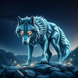 A fierce and majestic wolf symbolizing the crypto world, standing on a rocky terrain under a starry sky