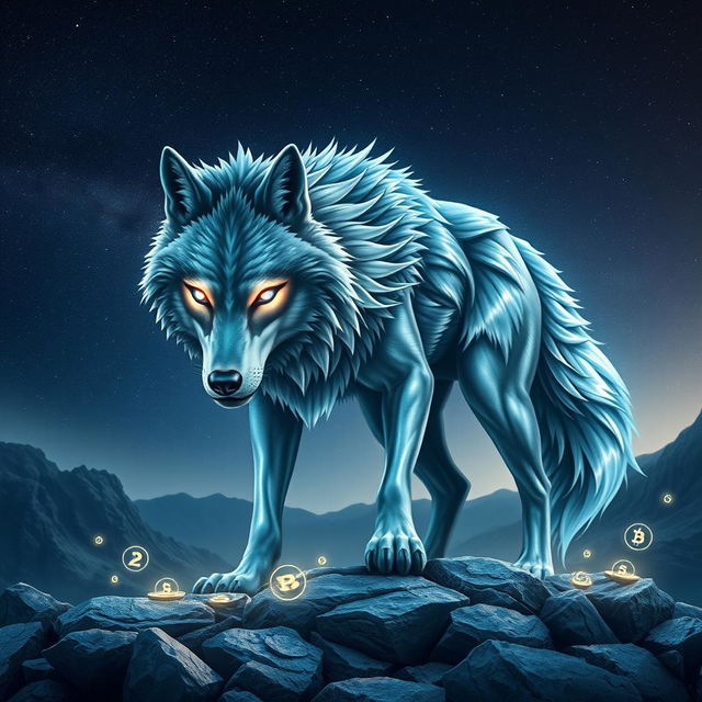 A fierce and majestic wolf symbolizing the crypto world, standing on a rocky terrain under a starry sky