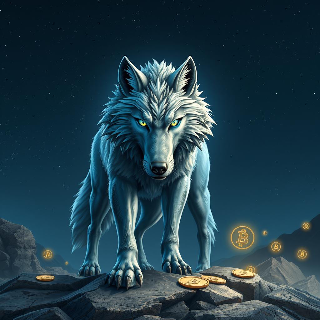 A fierce and majestic wolf symbolizing the crypto world, standing on a rocky terrain under a starry sky