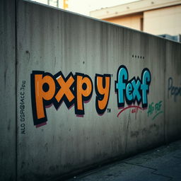 A textured concrete wall featuring bold, artistic graffiti that says exactly 'pxp y fxf' in a striking font