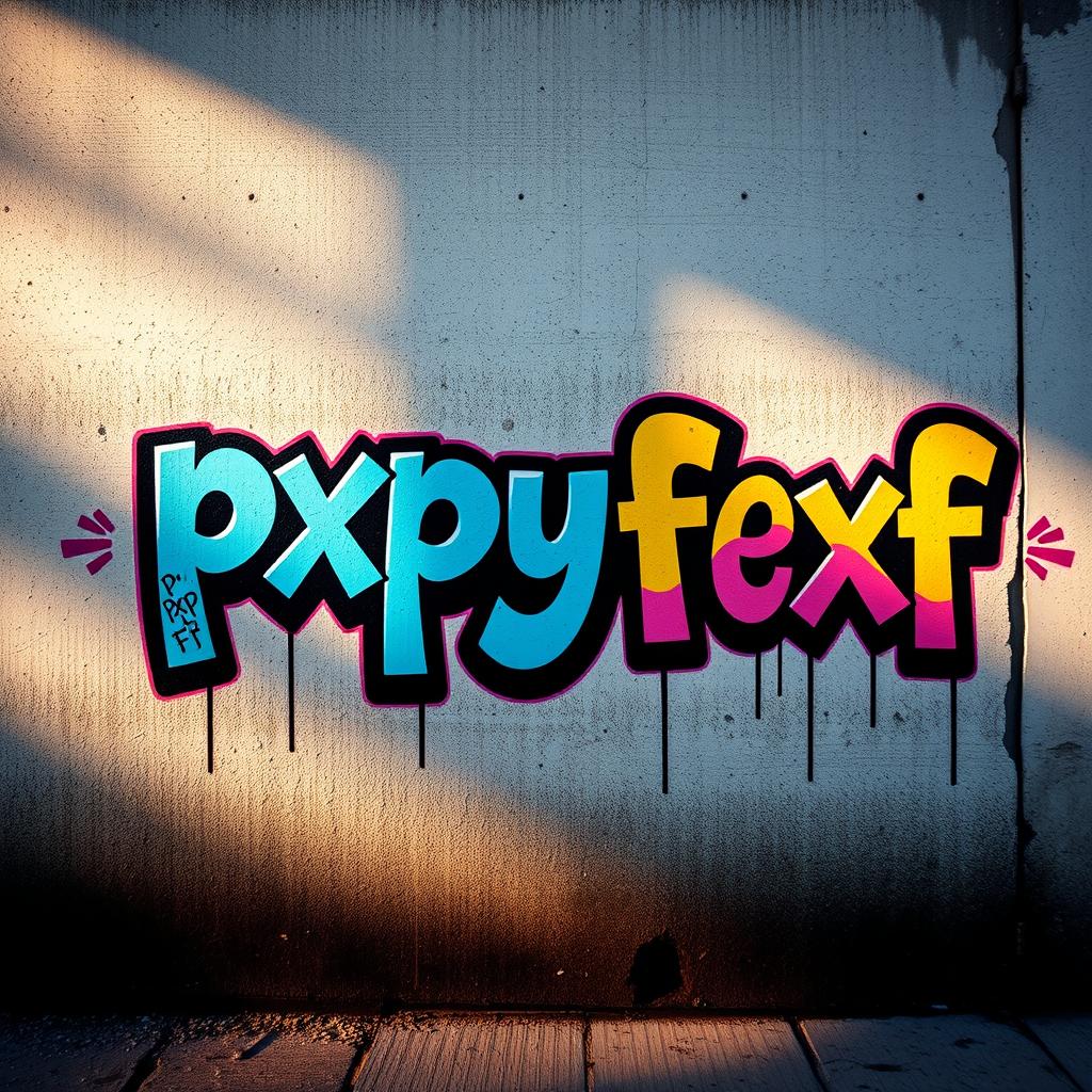 A textured concrete wall featuring bold, artistic graffiti that says exactly 'pxp y fxf' in a striking font