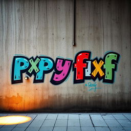 A textured concrete wall featuring bold, artistic graffiti that says exactly 'pxp y fxf' in a striking font