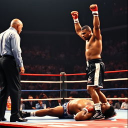 A dramatic scene capturing the moment of victory in a boxing match, featuring Mike Tyson standing triumphantly in the ring, his fists raised in celebration after knocking out Jake Powell