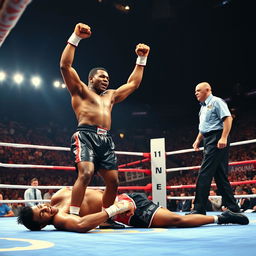 A dramatic scene capturing the moment of victory in a boxing match, featuring Mike Tyson standing triumphantly in the ring, his fists raised in celebration after knocking out Jake Powell