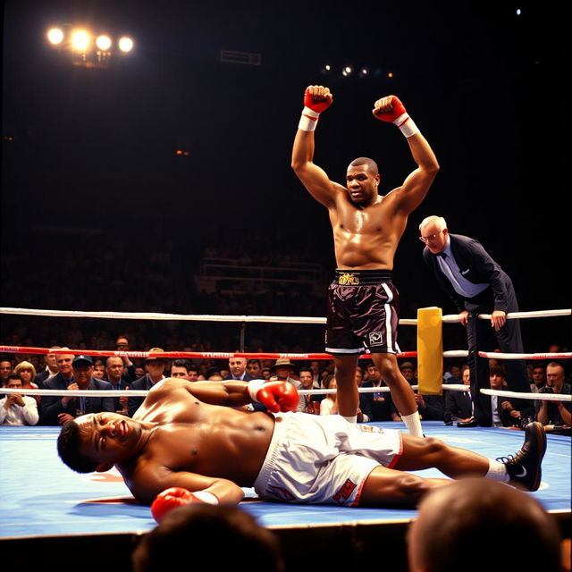 A dramatic scene capturing the moment of victory in a boxing match, featuring Mike Tyson standing triumphantly in the ring, his fists raised in celebration after knocking out Jake Powell