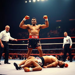 A dramatic scene capturing the moment of victory in a boxing match, featuring Mike Tyson standing triumphantly in the ring, his fists raised in celebration after knocking out Jake Powell