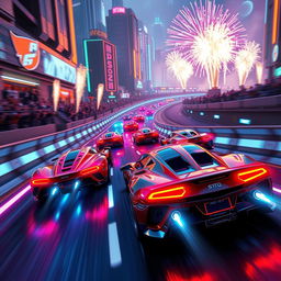 A dynamic and exhilarating scene of a 3D racing environment, showcasing futuristic cars speeding through a vibrant cityscape