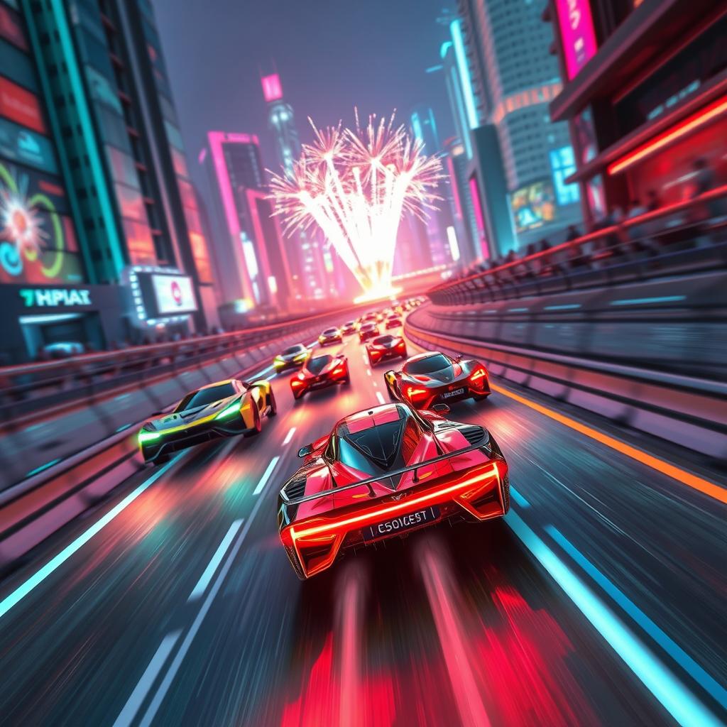 A dynamic and exhilarating scene of a 3D racing environment, showcasing futuristic cars speeding through a vibrant cityscape