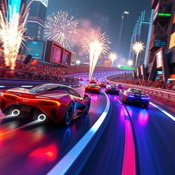 A dynamic and exhilarating scene of a 3D racing environment, showcasing futuristic cars speeding through a vibrant cityscape