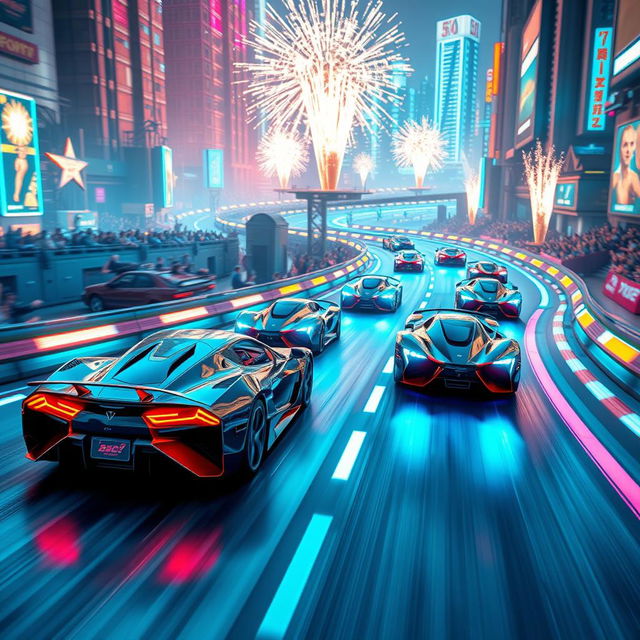 A dynamic and exhilarating scene of a 3D racing environment, showcasing futuristic cars speeding through a vibrant cityscape