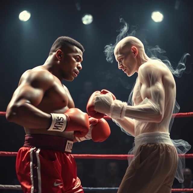 An intense and surreal boxing match in a dimly lit, atmospheric ring, featuring Mike Tyson in his classic boxing attire, showcasing his powerful physique and focused expression