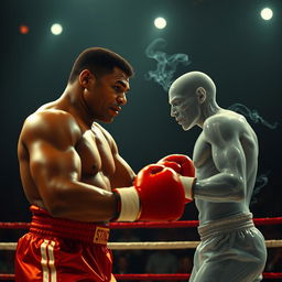 An intense and surreal boxing match in a dimly lit, atmospheric ring, featuring Mike Tyson in his classic boxing attire, showcasing his powerful physique and focused expression