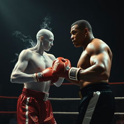 An intense and surreal boxing match in a dimly lit, atmospheric ring, featuring Mike Tyson in his classic boxing attire, showcasing his powerful physique and focused expression