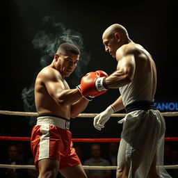 An intense and surreal boxing match in a dimly lit, atmospheric ring, featuring Mike Tyson in his classic boxing attire, showcasing his powerful physique and focused expression