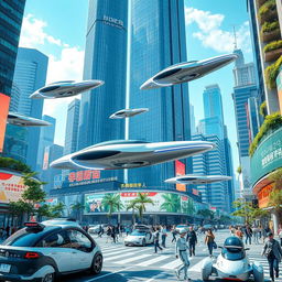A futuristic cityscape showcasing advanced AI-powered vehicles, exhibiting sleek designs and innovative technology