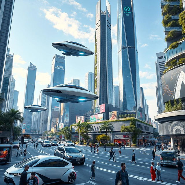 A futuristic cityscape showcasing advanced AI-powered vehicles, exhibiting sleek designs and innovative technology