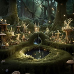 An enchanted forest with towering trees, moss-covered stones, a sparkling creek, and a magical well in the heart of it. Fill the scene with butteries, fairies and magical flora glowing under the moonlight