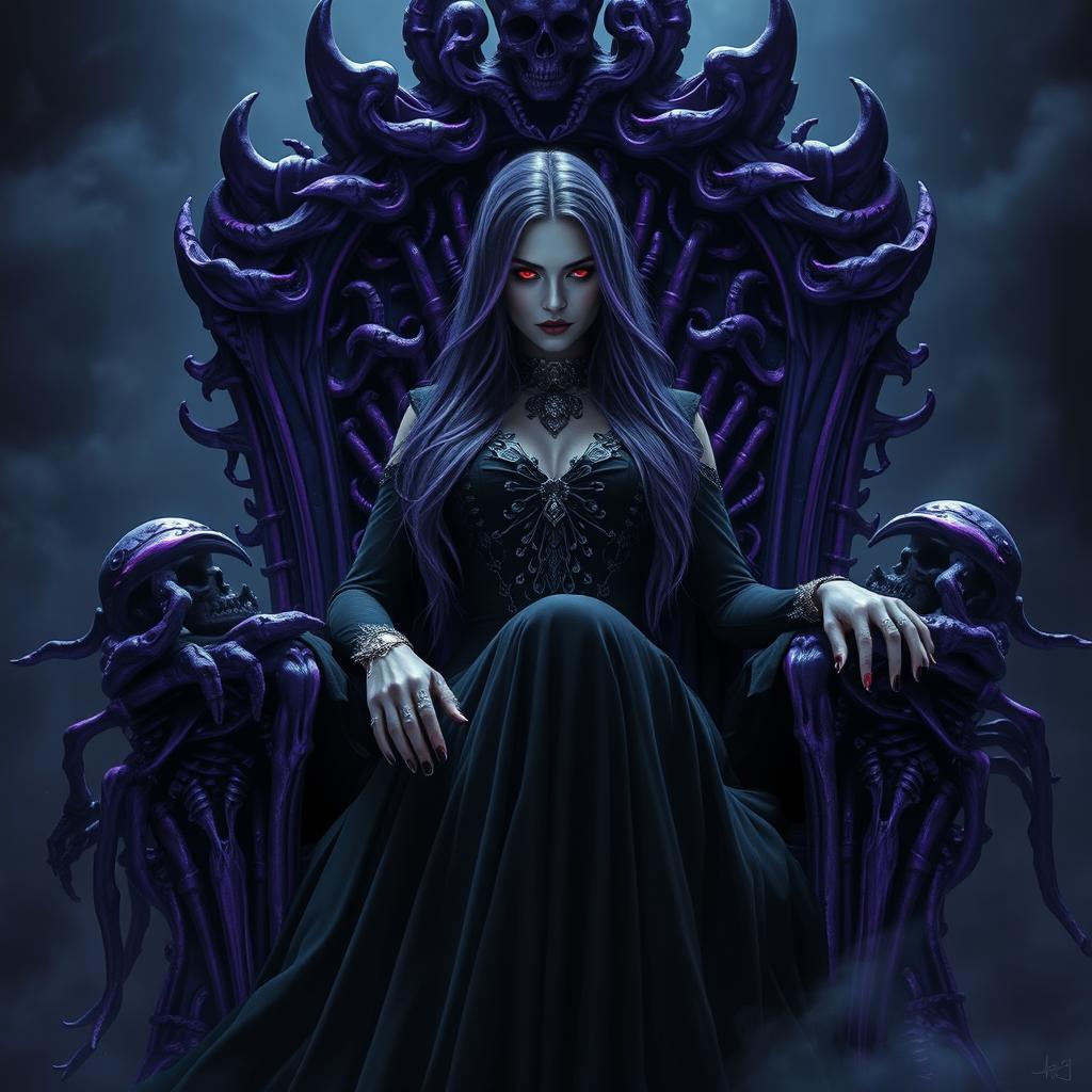 In a dark and mysterious environment, an empress of stunning beauty sits majestically on an intricately designed throne made of purple skeletons