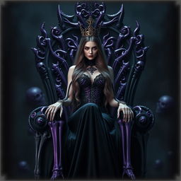 In a dark and mysterious environment, an empress of stunning beauty sits majestically on an intricately designed throne made of purple skeletons