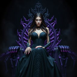 In a dark and mysterious environment, an empress of stunning beauty sits majestically on an intricately designed throne made of purple skeletons