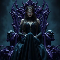 In a dark and mysterious environment, an empress of stunning beauty sits majestically on an intricately designed throne made of purple skeletons