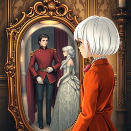 A girl with short white hair styled in a boyish cut, wearing a vibrant Florida suit, stands in front of a vintage mirror