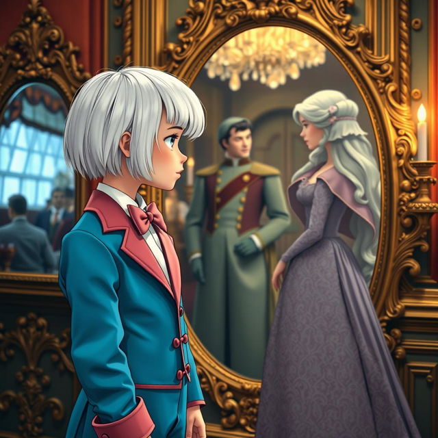 A girl with short white hair styled in a boyish cut, wearing a vibrant Florida suit, stands in front of a vintage mirror