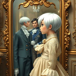A girl with short white hair styled in a boyish cut, wearing a vibrant Florida suit, stands in front of a vintage mirror