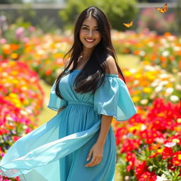 A beautiful woman with long, flowing dark hair, standing confidently in a vibrant garden filled with colorful flowers