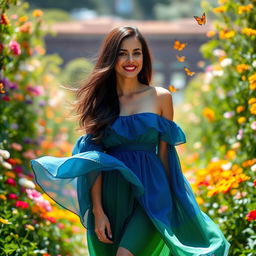 A beautiful woman with long, flowing dark hair, standing confidently in a vibrant garden filled with colorful flowers