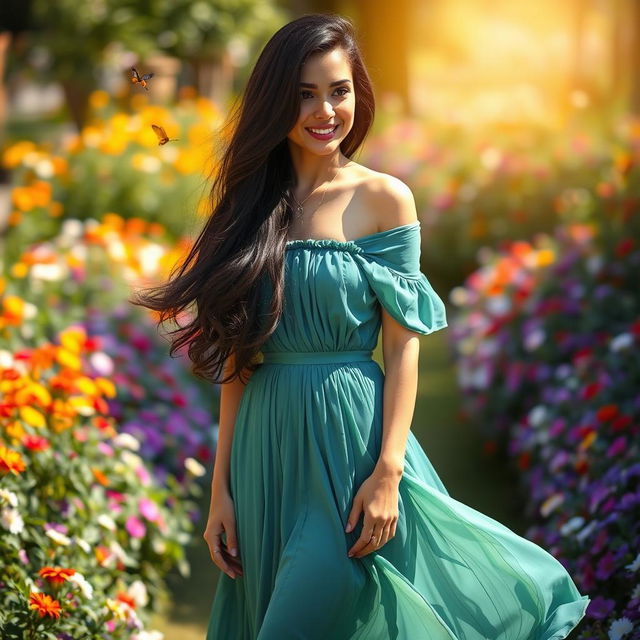 A beautiful woman with long, flowing dark hair, standing confidently in a vibrant garden filled with colorful flowers