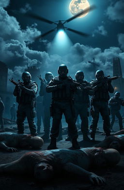 A group of police officers in tactical gear, illuminated by the spotlight of a helicopter hovering above