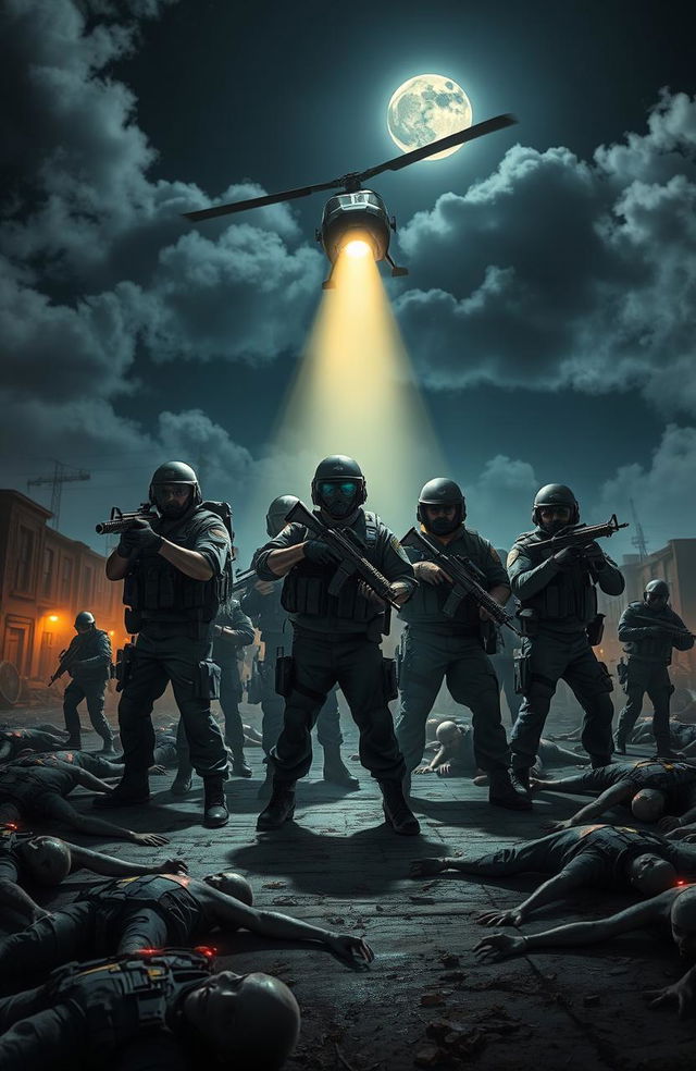 A group of police officers in tactical gear, illuminated by the spotlight of a helicopter hovering above