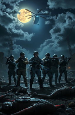 A group of police officers in tactical gear, illuminated by the spotlight of a helicopter hovering above