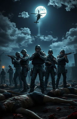 A group of police officers in tactical gear, illuminated by the spotlight of a helicopter hovering above