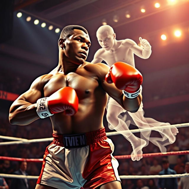 An imaginative boxing match between Mike Tyson and Jake Powell, depicting Mike Tyson in an intense fighting stance, showcasing his muscular physique and focused expression