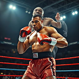 An imaginative boxing match between Mike Tyson and Jake Powell, depicting Mike Tyson in an intense fighting stance, showcasing his muscular physique and focused expression