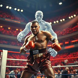 An imaginative boxing match between Mike Tyson and Jake Powell, depicting Mike Tyson in an intense fighting stance, showcasing his muscular physique and focused expression