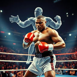 An imaginative boxing match between Mike Tyson and Jake Powell, depicting Mike Tyson in an intense fighting stance, showcasing his muscular physique and focused expression