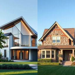 A futuristic smart home with sleek, modern architecture and advanced technology, compared side-by-side with a traditional house featuring classic design elements