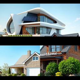 A futuristic smart home with sleek, modern architecture and advanced technology, compared side-by-side with a traditional house featuring classic design elements