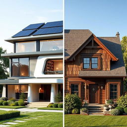 A futuristic smart home with sleek, modern architecture and advanced technology, compared side-by-side with a traditional house featuring classic design elements