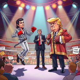 A surreal and humorous illustration of a boxing match taking place in an extravagant ring