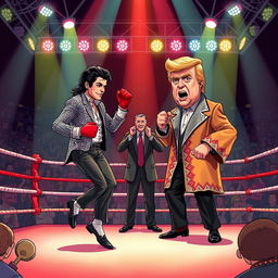 A surreal and humorous illustration of a boxing match taking place in an extravagant ring