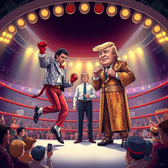 A surreal and humorous illustration of a boxing match taking place in an extravagant ring