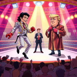 A surreal and humorous illustration of a boxing match taking place in an extravagant ring