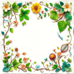 A beautifully decorated paper with a biological theme, featuring intricate designs of various plants, flowers, and microorganisms