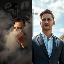 A split image featuring two contrasting scenes of a man