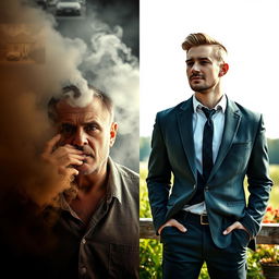 A split image featuring two contrasting scenes of a man