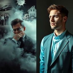 A split image featuring two contrasting scenes of a man